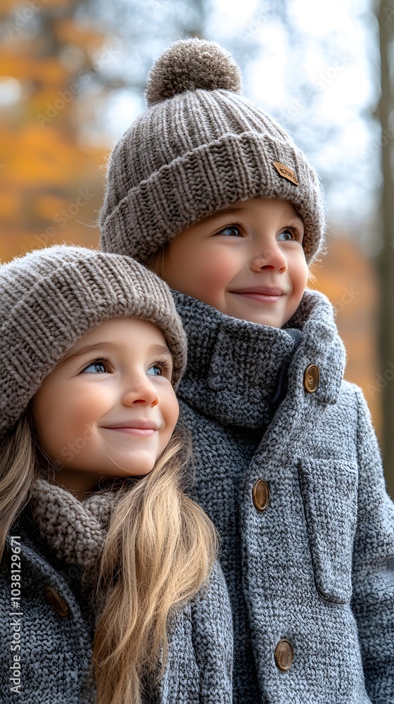 Two children smiling in cozy winter outfits against a blurred autumn background. Two children smiling in cozy winter outfits against a blurred autumn background.