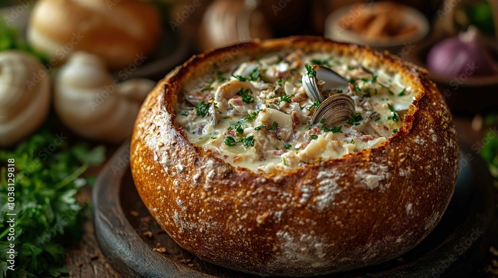 san francisco sourdough bread bowl filled with clam chowder san francisco sourdough bread bowl filled with clam chowder