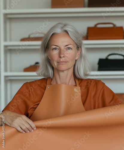 side shot of a stylish 60 years old female with grey hair, leather craftsman working with brown-colored leather handbag in her workshop. Details on the handbag she holds in her han photo