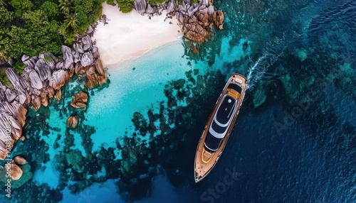 Wallpaper Mural Aerial view of a luxury yacht cruising near a secluded beach with crystal-clear waters and lush greenery. Torontodigital.ca