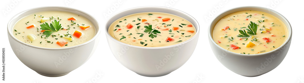 PNG Creamy Soups in White Bowls with Fresh Greens PNG Creamy Soups in White Bowls with Fresh Greens