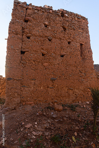 Old Adobe Wall in a Rural Area with Visible Damage photo