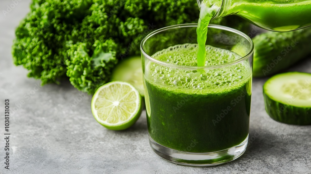 Fresh green juice being poured into a glass with kale leaves in the background Fresh green juice being poured into a glass with kale leaves in the background