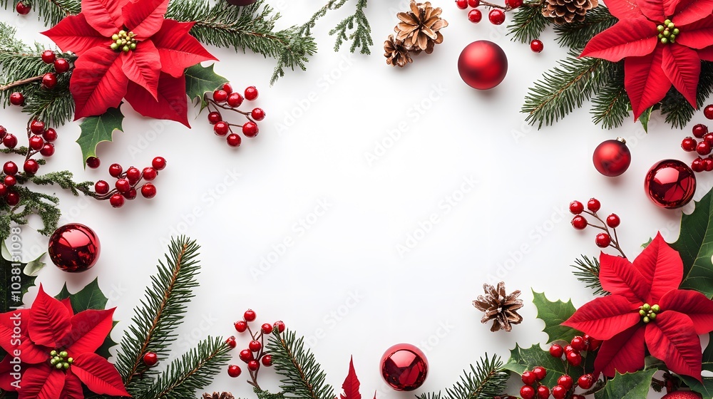 Christmas Decoration Frame with Poinsettia, Pine, and Berries Christmas Decoration Frame with Poinsettia, Pine, and Berries
