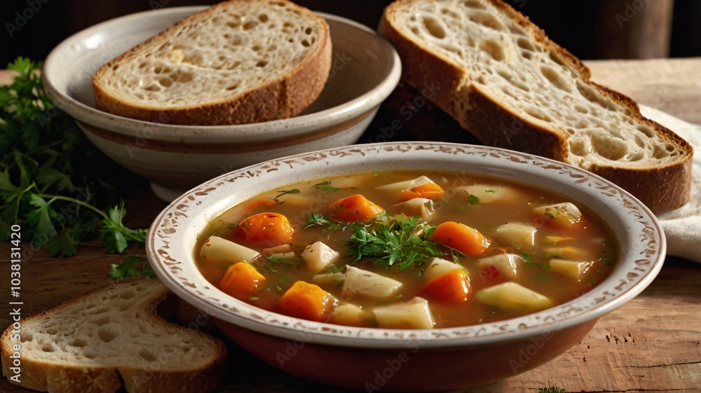 A warm, cozy scene with a bowl of homemade vegetable soup, garnished with parsley, on a wooden table alongside slices of crusty bread A warm, cozy scene with a bowl of homemade vegetable soup, garnished with parsley, on a wooden table alongside slices of crusty bread