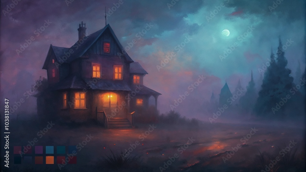 Spooky Haunted House with Glowing Windows on a Foggy Night Spooky Haunted House with Glowing Windows on a Foggy Night
