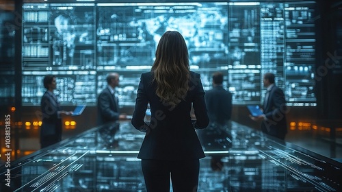 Businesswoman in a Futuristic Control Room with Data Screens