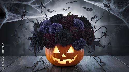 Jack-o'-lantern with dark floral arrangement in spooky Halloween decor. photo