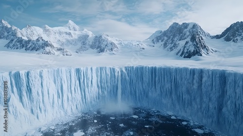 Frozen Waterfall Cascading Down Icy Cliff in Majestic Mountainous Landscape