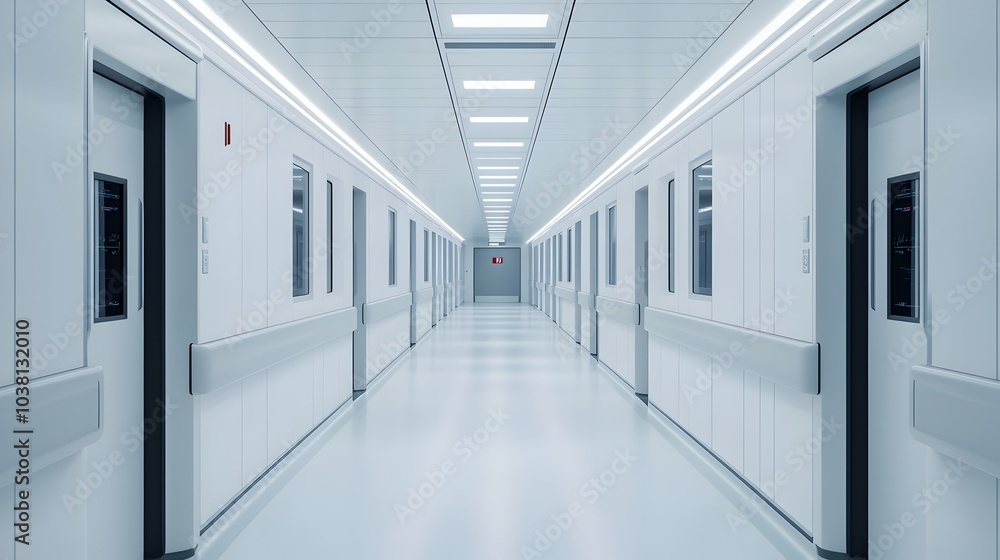 Naklejka premium Futuristic Hospital Hallway with Medical Drones Delivering Supplies