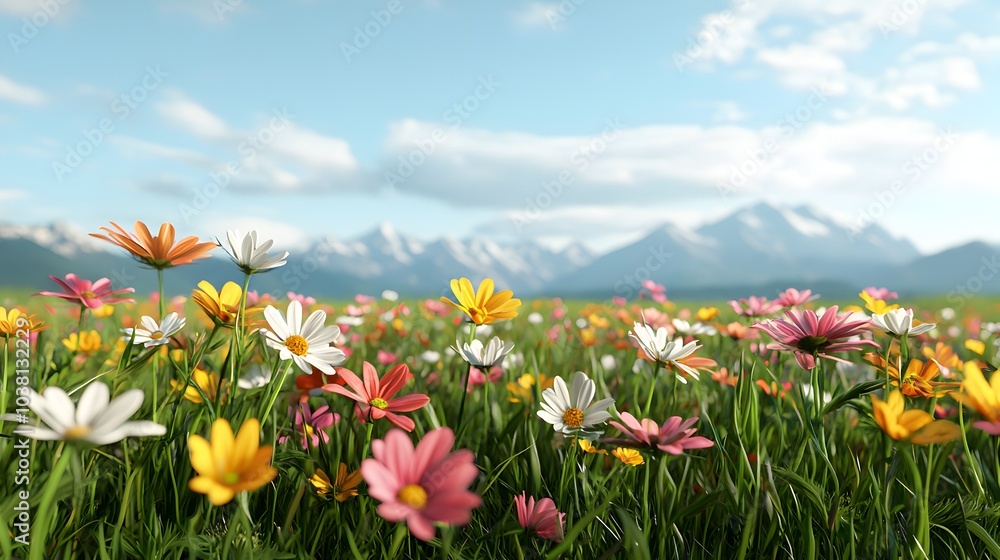 Fototapeta premium Captivating Green Meadow with Swaying Wildflowers in Tranquil Scenery