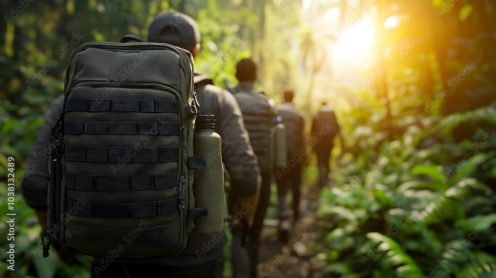 Friends Hiking Through Lush Forest Landscape with Scenic Backdrop Friends Hiking Through Lush Forest Landscape with Scenic Backdrop