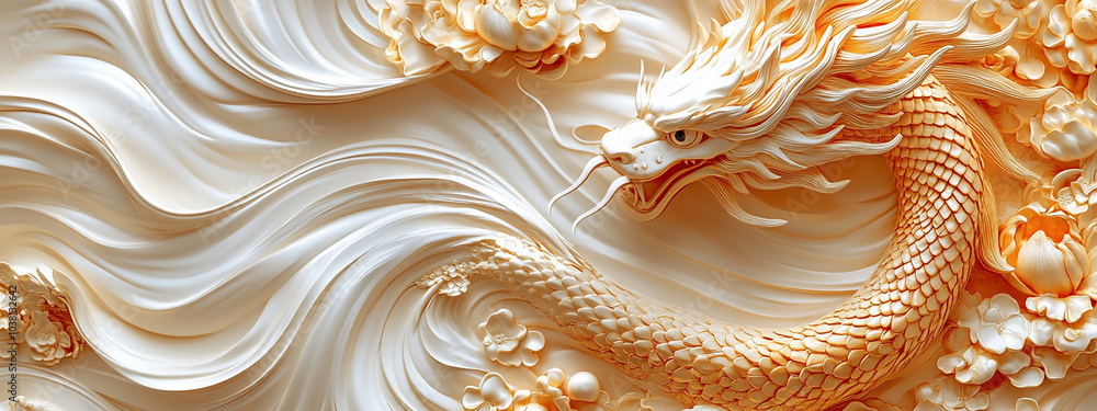 cream and yellow dragon on the cream texture background with flowers banner cream and yellow dragon on the cream texture background with flowers banner