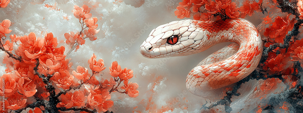 Obraz premium white and red snake on the tree with flowers banner