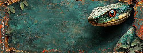green and beige snake with red eyes on the green background  with leaves banner