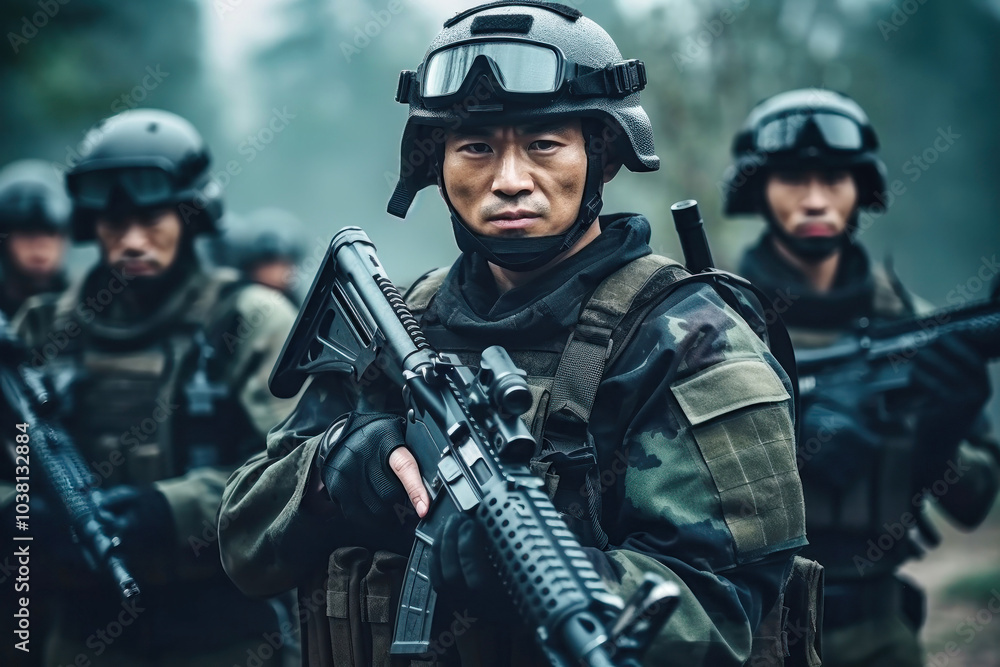 Chinese soldier assesses his surroundings during a tactical training exercise in a dense forest as fellow soldiers prepare for operation Chinese soldier assesses his surroundings during a tactical training exercise in a dense forest as fellow soldiers prepare for operation
