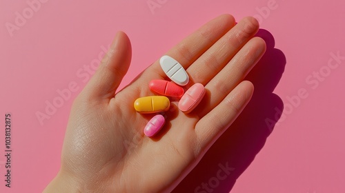 A hand holding colorful pills against a pink background, highlighting various shapes and sizes of medication.