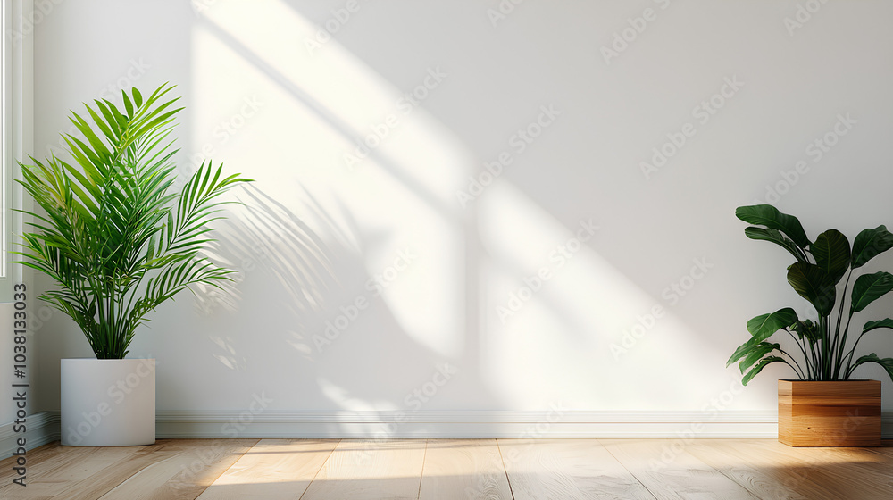 A minimalist room interior featuring a white wall with sunlight, two potted plants, and a wooden floor. A minimalist room interior featuring a white wall with sunlight, two potted plants, and a wooden floor.