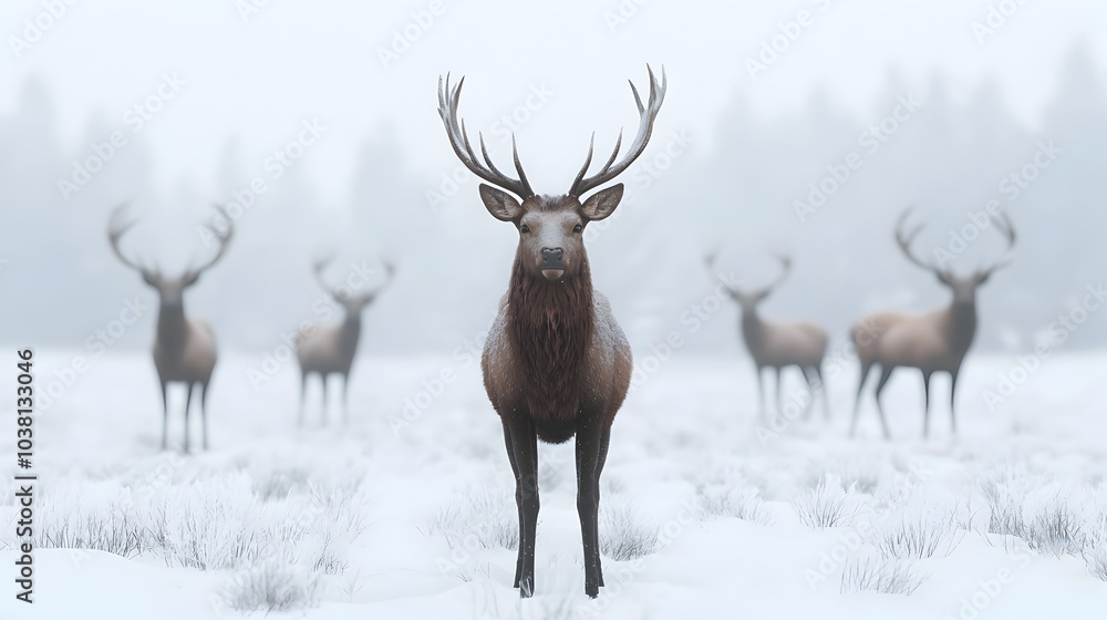 Majestic Deer Herd Stands Tall in Snow Covered Meadow Amidst Nature s Splendor Majestic Deer Herd Stands Tall in Snow Covered Meadow Amidst Nature s Splendor
