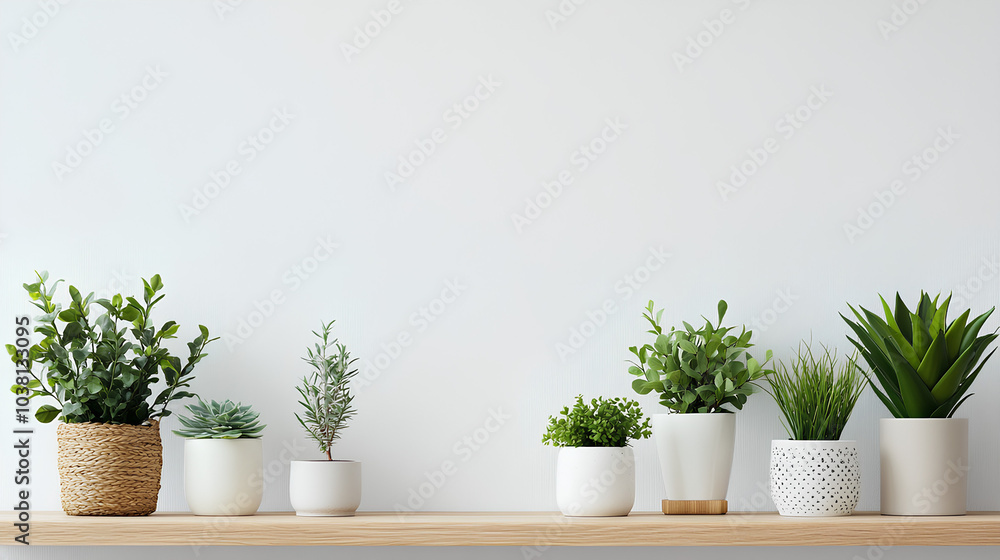 A row of potted plants in various styles and sizes are arranged on a wooden shelf against a white wall. A row of potted plants in various styles and sizes are arranged on a wooden shelf against a white wall.