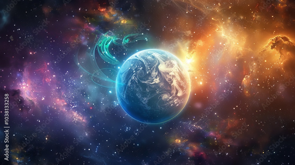 Obraz premium Vibrant cosmic sphere radiating energy swirls against a dark celestial background with stars