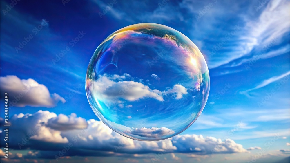 Description: A soap bubble filled with air pollutant contrasting with a clear blue sky Description: A soap bubble filled with air pollutant contrasting with a clear blue sky