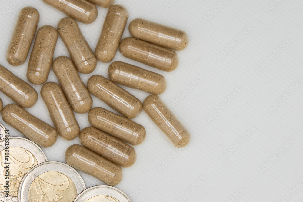 Brown pills lying next to euro coins symbolizing expensive healthcare costs Brown pills lying next to euro coins symbolizing expensive healthcare costs