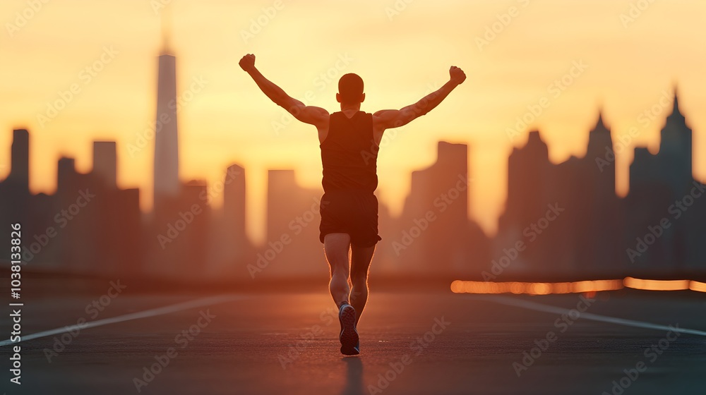 Marathon runner crossing the finish line with arms raised in triumph Marathon runner crossing the finish line with arms raised in triumph