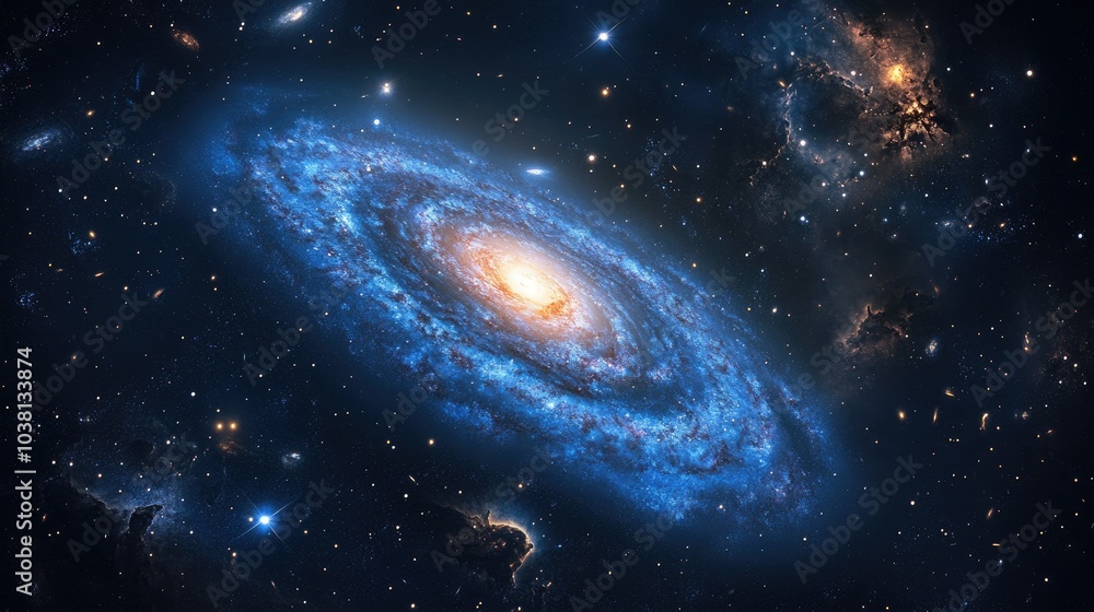 Naklejka premium Deep space view of a glowing blue spiral galaxy, its swirling arms surrounded by twinkling stars and faint nebulas