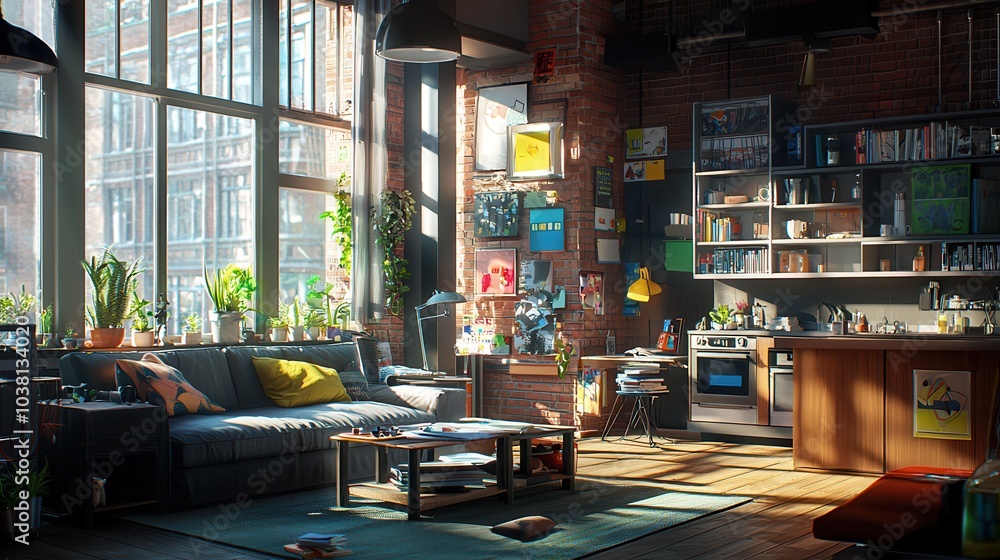 A cozy, sunlit living room with plants, a sofa, and a unique blend of rustic and modern decor, creating a warm and inviting atmosphere. A cozy, sunlit living room with plants, a sofa, and a unique blend of rustic and modern decor, creating a warm and inviting atmosphere.