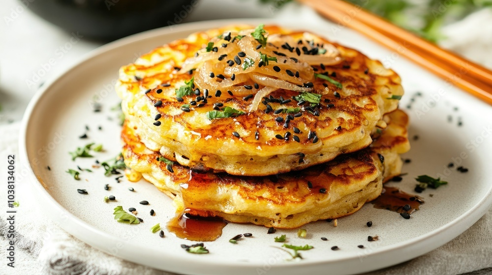 Delicious pancakes with a savory twist--crispy onions and soy sauce drizzled on top, presented on a white plate, with herbs and chopsticks beside. Delicious pancakes with a savory twist--crispy onions and soy sauce drizzled on top, presented on a white plate, with herbs and chopsticks beside.