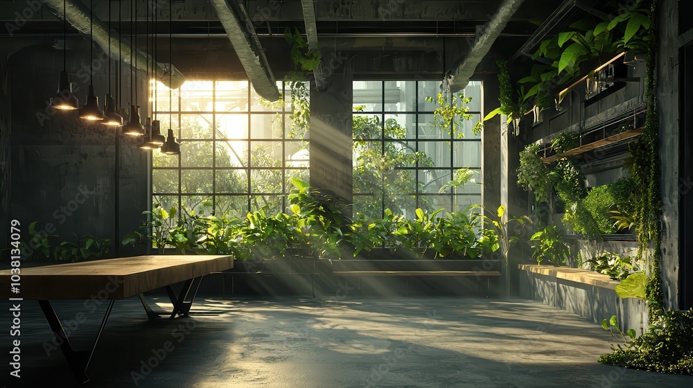 Fototapeta premium A serene interior space with abundant greenery and sunlight streaming through large windows, creating a tranquil and inviting atmosphere.