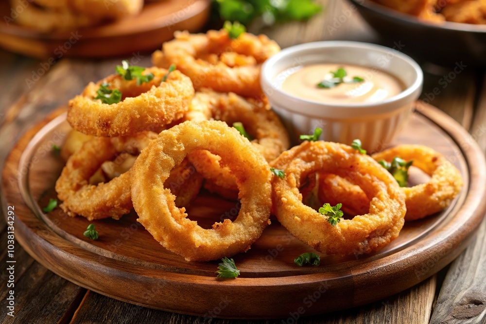Crispy beer battered onion ring with dipping sauce macro shot Crispy beer battered onion ring with dipping sauce macro shot