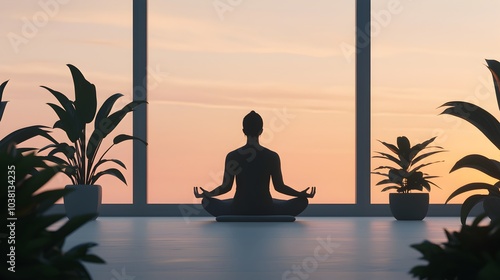 Peaceful morning meditation scene with person sitting in mountain landscape at sunrise or sunset