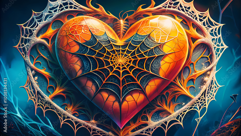 Fototapeta premium Orange heart wrapped in spiderwebs for Halloween in dark fantasy art.