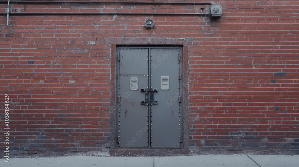 Entrance to a transformer in a red brick wall, featuring asymmetrical metal doors for a unique industrial touch Entrance to a transformer in a red brick wall, featuring asymmetrical metal doors for a unique industrial touch