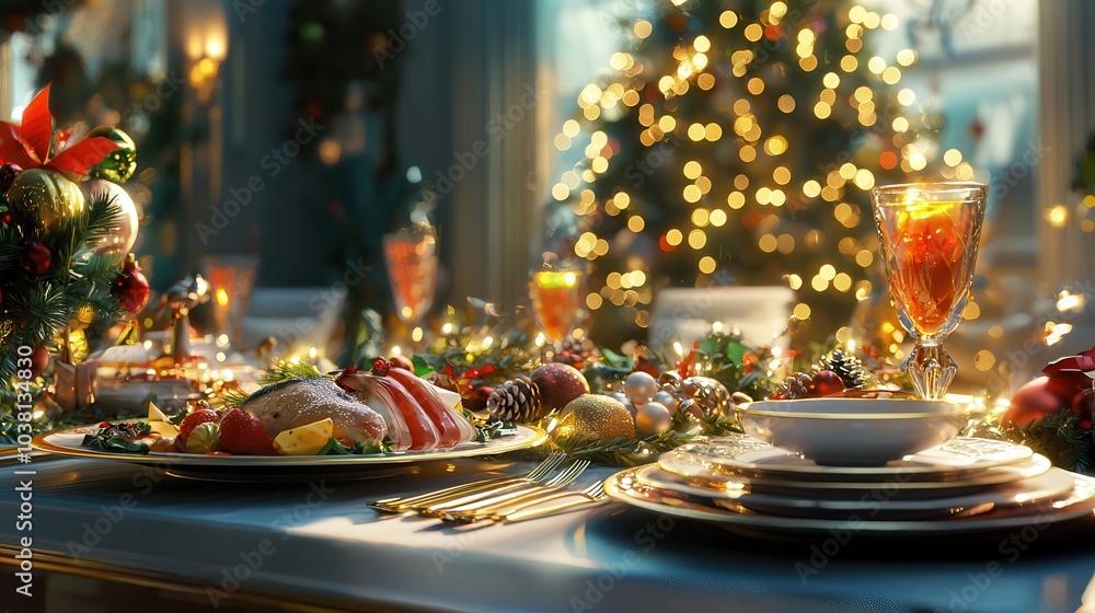 A beautifully decorated festive table with a variety of delicious dishes, sparkling drinks, and a Christmas tree adorned with lights and ornaments. A beautifully decorated festive table with a variety of delicious dishes, sparkling drinks, and a Christmas tree adorned with lights and ornaments.