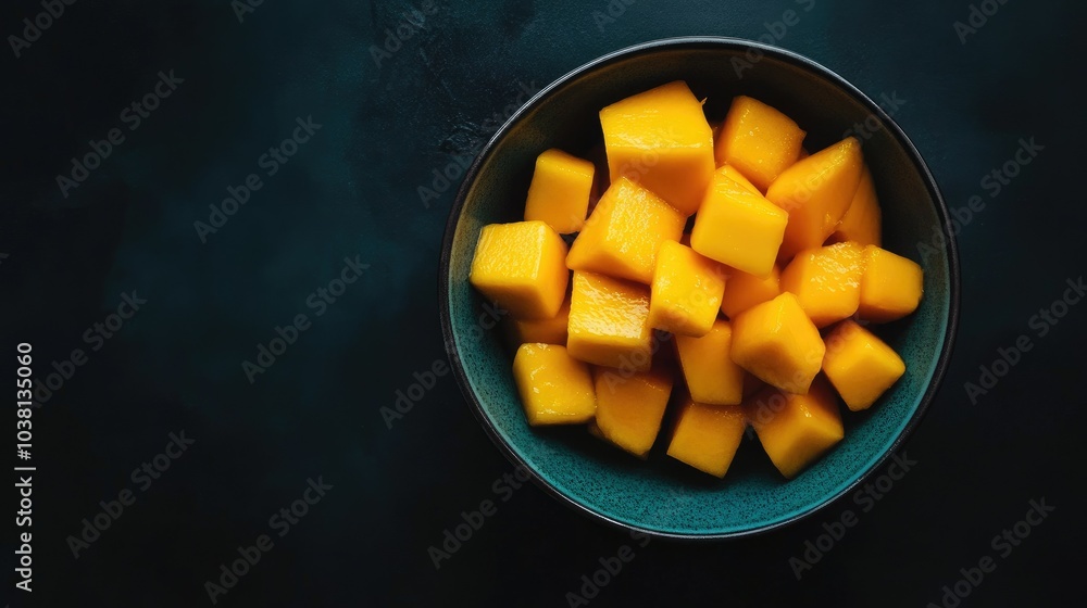 Fresh mango cubes in a round bowl, artistically lit from above against a deep black backdrop, showcasing vibrant colors. Fresh mango cubes in a round bowl, artistically lit from above against a deep black backdrop, showcasing vibrant colors.
