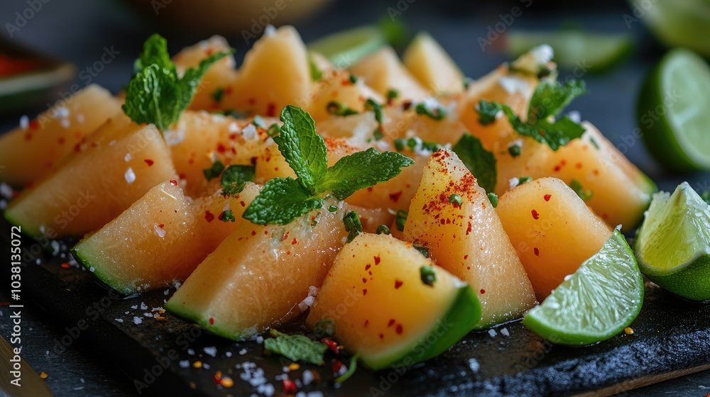 Fresh melon salad arranged with lime wedges, mint leaves, and chili powder, creating a visually appealing and flavorful dish Fresh melon salad arranged with lime wedges, mint leaves, and chili powder, creating a visually appealing and flavorful dish