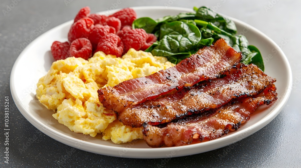 A Protein Packed Breakfast of Scrambled Eggs with Spinach on a Stylish Plate A Protein Packed Breakfast of Scrambled Eggs with Spinach on a Stylish Plate