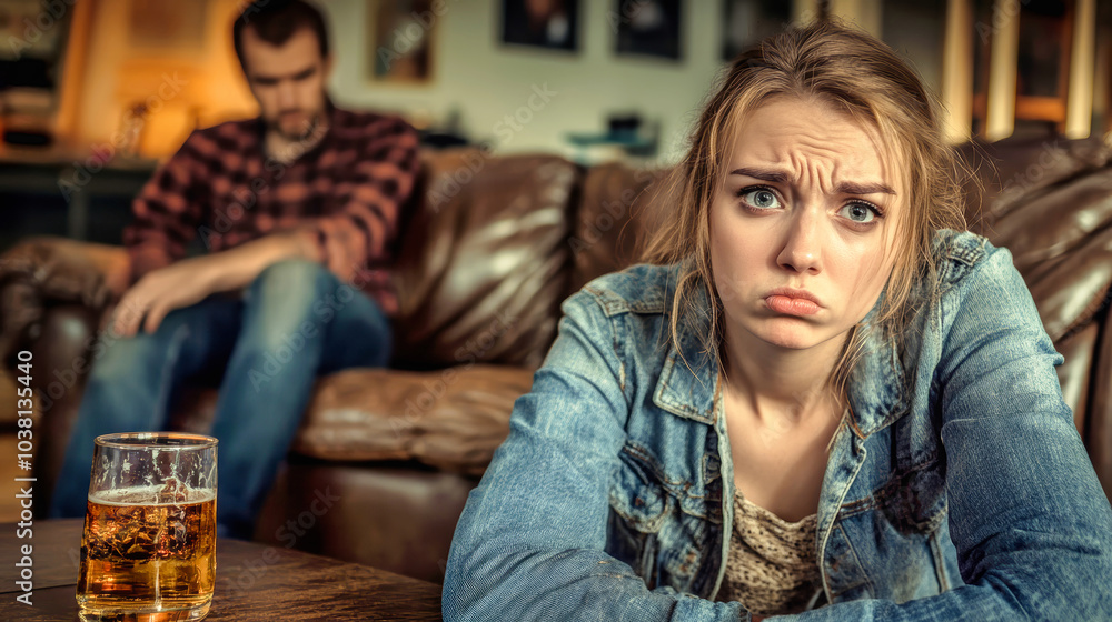 A young woman expresses her sadness and frustration while her husband drinks alcohol on a rustic sofa in their living room during a tense moment A young woman expresses her sadness and frustration while her husband drinks alcohol on a rustic sofa in their living room during a tense moment