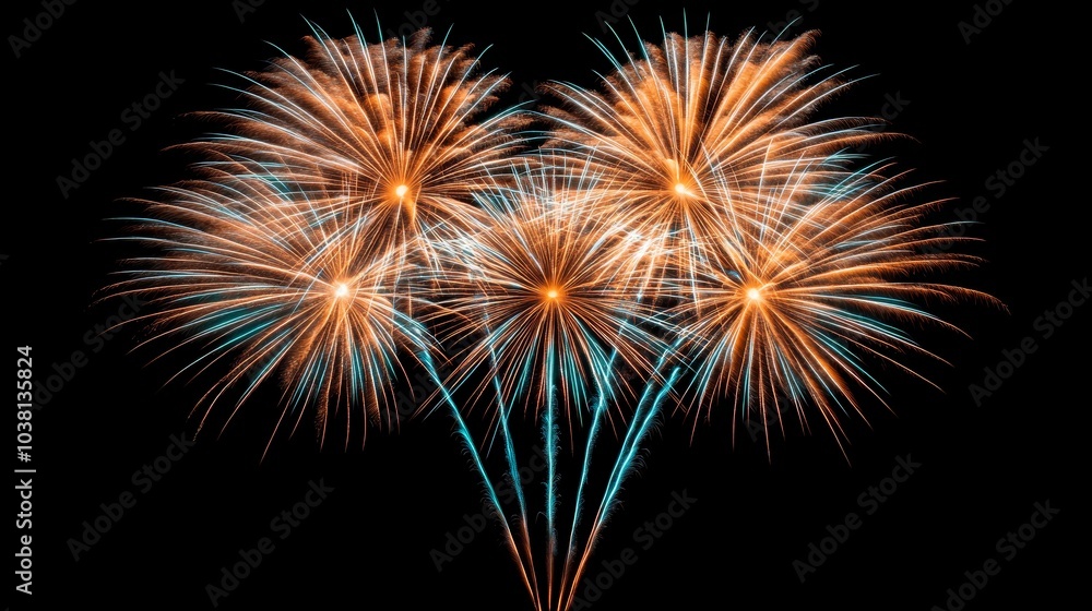 A vibrant display of fireworks bursting in the night sky, featuring golden and blue colors, creating a festive ambiance. A vibrant display of fireworks bursting in the night sky, featuring golden and blue colors, creating a festive ambiance.