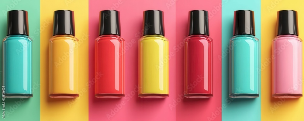 A vibrant row of colorful nail polish bottles against a bright background, showcasing a palette of blue, yellow, red, and pink. A vibrant row of colorful nail polish bottles against a bright background, showcasing a palette of blue, yellow, red, and pink.
