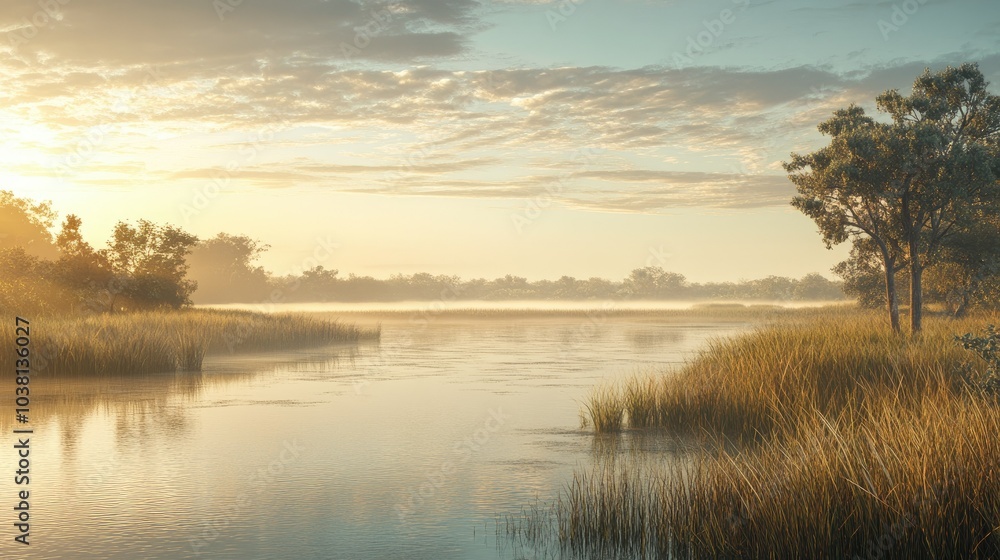 Fototapeta premium A quiet African lagoon at sunrise, with ample space for copy in the water.