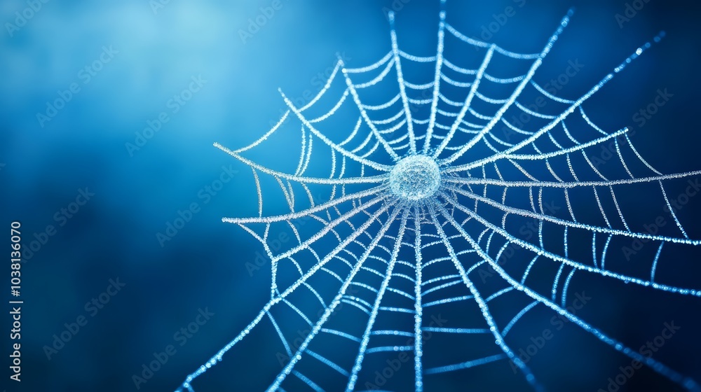 Close-up of a delicate spider web with water droplets, blue background. Close-up of a delicate spider web with water droplets, blue background.
