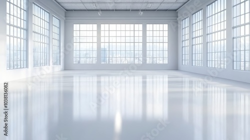 A spacious, well-lit room with large windows and a reflective floor, creating a bright and airy atmosphere.