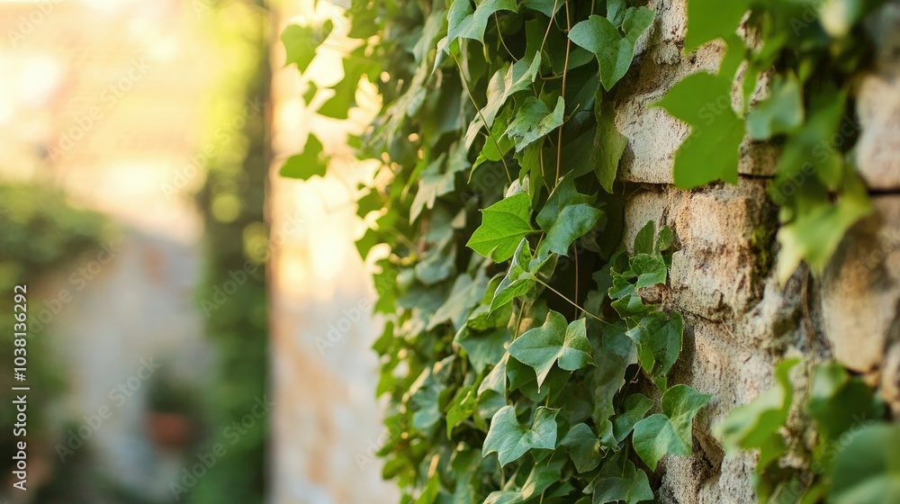 Obraz premium Green ivy climbing up the brick wall of a quaint old building in soft sunlight.