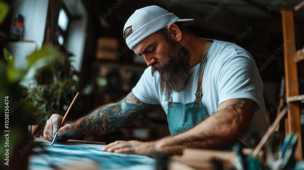 Laborer Engaged in Home Art Project Painting Creativity Laborer Engaged in Home Art Project Painting Creativity