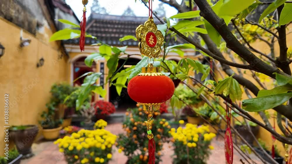 Red lanterns and vibrant flowers adorn a traditional Asian courtyard, celebrating Lunar New Year Red lanterns and vibrant flowers adorn a traditional Asian courtyard, celebrating Lunar New Year