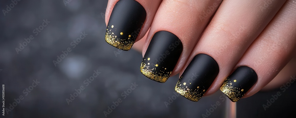 Elegant black and gold manicure featuring a matte finish with glittery tips, perfect for a glamorous look or special occasion. Elegant black and gold manicure featuring a matte finish with glittery tips, perfect for a glamorous look or special occasion.
